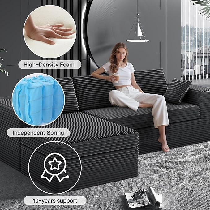 108-inch Boneless Couch for Living Room，Comfy Boneless Sofa with Deep Seats & Chaise Lounge, 3-Seat Modular Sofa Memory Foam Sectional Couches - No Assembly Required(Dark Grey)