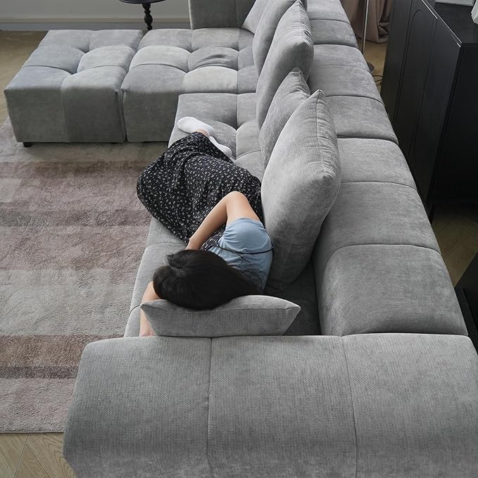 WJShome 158" Oversized Modular Sectional Sofa, L Shaped Couch with Ottoman,Sectional Couches for Living Room,Large Linen Deep Seat with Pillow Couches for Home,Spacious Space,Gray