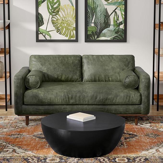 SIMPLIHOME Morrison 72-inch Wide Sofa in Moss Green Genuine Leather, Mid-Century Modern-Style Loveseat for Living Room, Single Bench Cushion, Removable Back Cushions, 2 Bolster Pillows