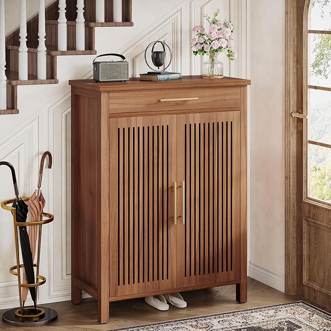 Tribesigns Shoe Cabinet, 5-Tier Shoe Storage Cabinet with Louvered Doors and Drawer, Freestanding Wooden Shoe Rack Organizer with Adjustable Shelves for Entryway, Hallway, Closet, Brown