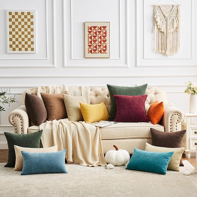 GAWAMAY Lumbar Decorative Throw Pillow Covers 12"x20" Inch Set of 2, Super Soft Chenille Rectangle Pillowcase for Living Room Bedroom Sofa Couch Cushion Support Pillow Cover 30x50cm Khaki (No Insert)