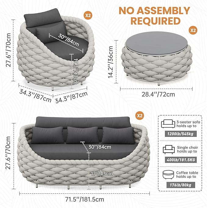 Lanai Outdoor Furniture Set: 6-Piece Aluminum Woven Rope Patio Conversation Sofa Set w/Table - Modern Cushions Couch Set - No Assembly Metal Porch Seating for Deck Yard Garden Pool Hotel Resort