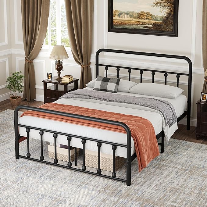 Metal Queen Single Bed Frame with Storage Space, 82.7" in Steel Bed Frame with Protective Foot Pads, Strong Bearing Capacity Queen Size Bed, Easy Assembly, Underbed Storage Space（43.3 inch）
