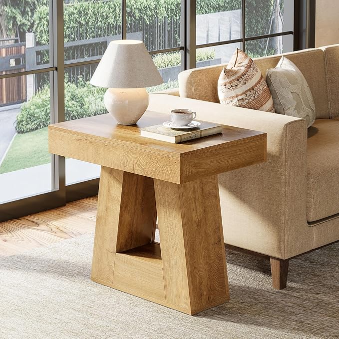 Tribesigns 24" Modern Side Table, 2-Tier Narrow Wooden End Table with Trapezoid Base, Farmhouse Small Nightstand for Living Room, Bedroom, Natural Wood Color