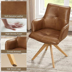 Art Leon Mid Century Swivel Chair - Genuine Leather Upholstered Desk Chair No Wheels, Accent Armchair with Oak Wood Legs for Small Space Living Room Bedroom, Set of 2, Brown