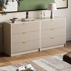3-Piece Dresser Bedroom Set, 6 Drawer Dresser & 3 Drawer Nightstands with Gold Handles, Fluted Wood Chest of Drawers for Bedroom, Living Room, Entryway, Beige