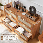 LEYAOYAO Rattan 6 Drawer Dresser for Bedroom Set of 2, 54" Wide Boho Chest of Drawers, Wooden Dressers TV Stand with Metal Handle, Storage Closet Organizer for Living Room, Hallway, Tea Brown