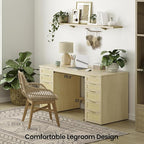 WOPITUES 60" Boho Home Office Desk with 10 Wooden Drawers, Rattan Computer Writing Desk with Power Outlets, Large Executive Desk with Storage Cabinet for Work Study Writing Craft, Natural Brown