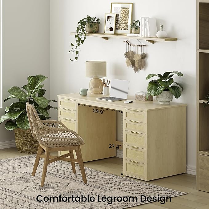 WOPITUES 60" Boho Home Office Desk with 10 Wooden Drawers, Rattan Computer Writing Desk with Power Outlets, Large Executive Desk with Storage Cabinet for Work Study Writing Craft, Natural Brown