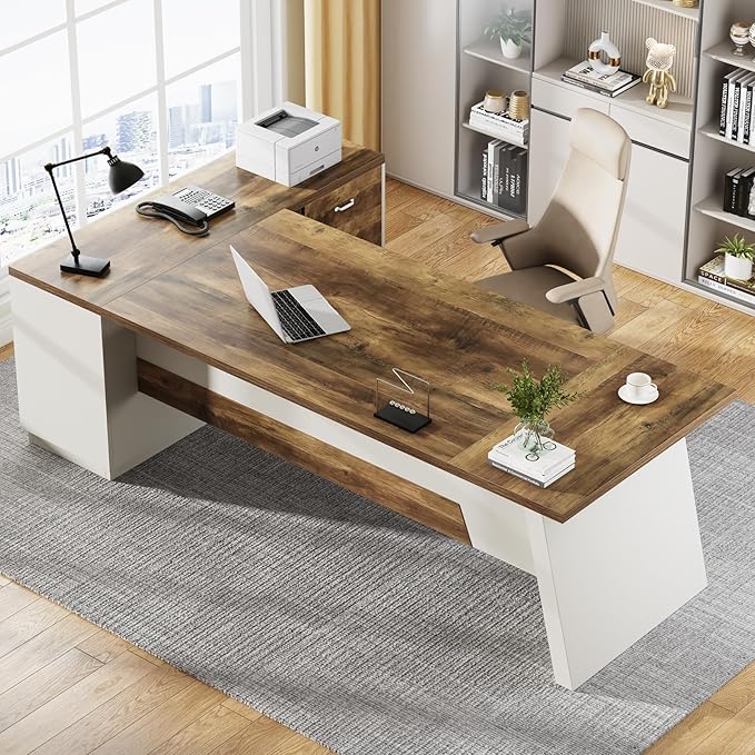 Tribesigns L-Shaped Executive Desk, 78-Inch Modern Office Desk with Drawers and Lateral File Cabinet, Large Bussiness Furniture with Storage Shelves, Workstation for Home Office (Brown + White)