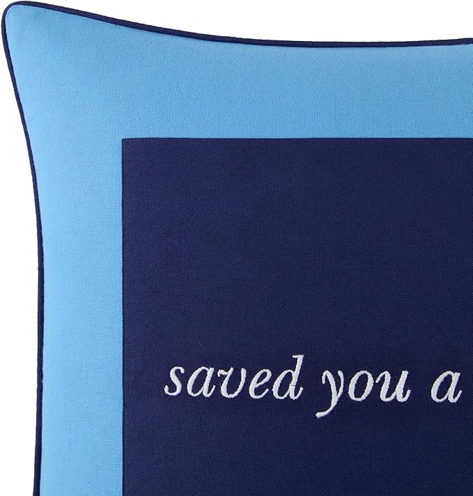 Kate Spade New York Saved You A Spot Reversible Decorative Pillow, 20" x 20" Throw Pillow for Bed or Sofa, Cotton and Linen Cover, Blue, 20 x 20