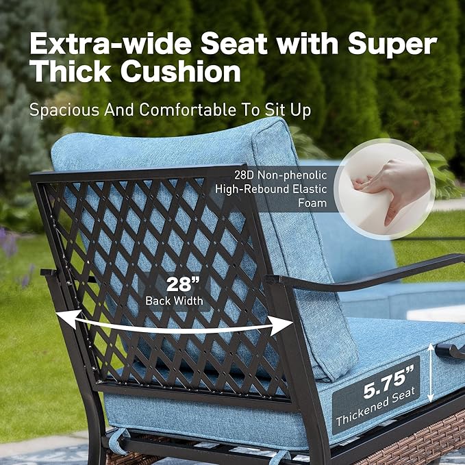 6 Piece Metal Outdoor Patio Furniture Set, Patio Conversation Set with Rocking Chair and 5.75" Thick Cushion & Coffee Tabl, Outdoor Seating Black Frame Backyard Furniture, Denim Blue