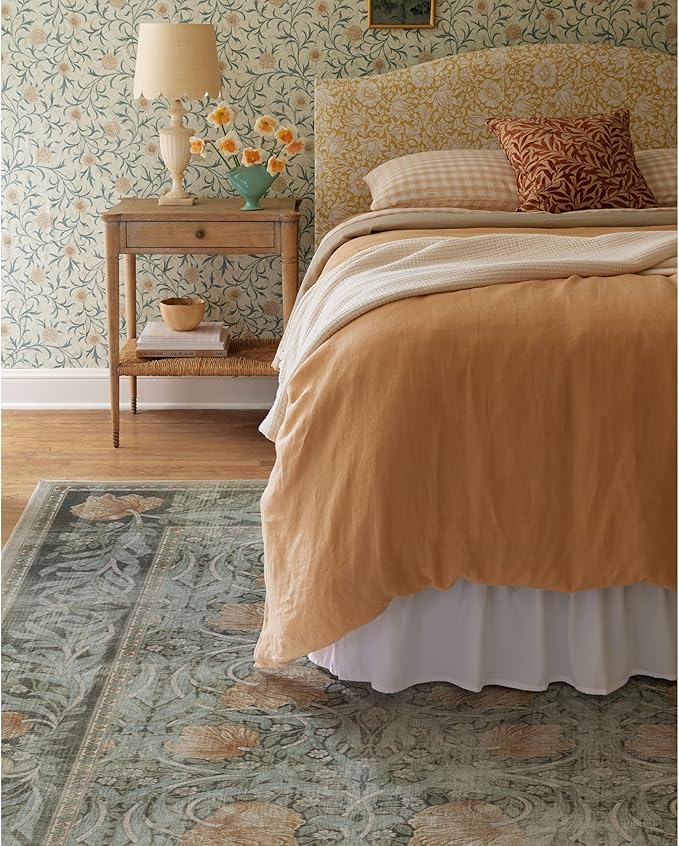 RUGGABLE x Morris & Co Washable Area Rug– Pimpernel Vintage Green 9x12, Stain-Resistant, Non-Slip – Large Machine Washable Rugs for Living Room, Bedroom, Hallway, Entryway & Office–with Cushioned Pad