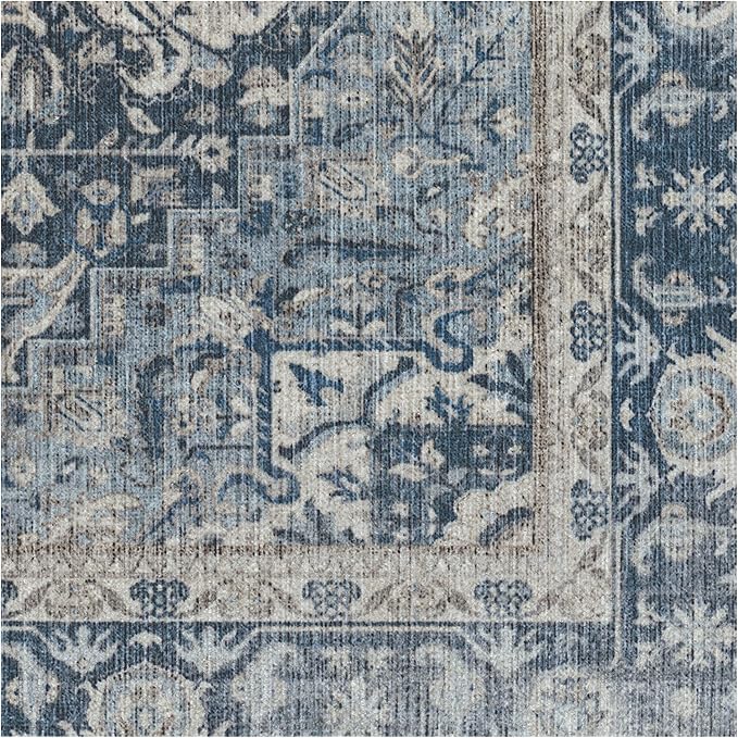 RUGGABLE Washable Vintage Runner Rug – Kamran Admiral Blue 2.5x7, Stain-Resistant, Non-Slip Hallway Runner – Machine Washable Rug for Hallway, Entryway, Living Room & Kitchen–with Standard Pad