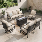 PHI VILLA Patio Conversation Set with Fire Pit, 7 Seat with 45" Firepit Table, Swivel & Fixed, Beige