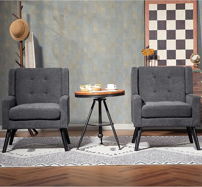 Mid-Century Modern Accent Chair Set of 2, Plush Linen Fabric with Button Tufted High Back & 5" Thick Cushion, High Comfort Reading Chair for Living Room, Bedroom, Office (Dark Gray)