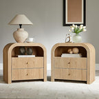 T4TREAM 24" Fluted Nightstand Set of 2, Large 2 Drawers Bedside Table with Charging Station, Modern End Table with Storage Night Stand for Bedroom, Living Room, Round Curved Corner Design, Natural Oak