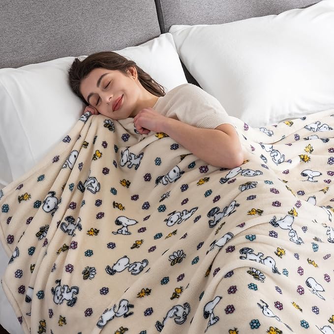 Berkshire Blanket Peanuts® VelvetLoft® Cute Character Snoopy Plush Blanket,Peanuts Woodstock Snoopy Spring Frolic Large Canvas,Full/Queen 90 in x 90 in (Official Peanuts® Product)