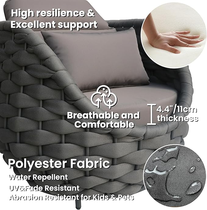 Balcony Furniture Set for Apartments: 4 Pieces Aluminum Woven Rope Patio Conversation Set - Modern Cushioned Lounge Chair Set - Assembled Porch Armchair for 400lbs Garden Lanai Hotel, Dark Grey
