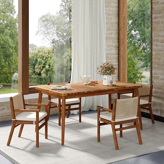 Christopher Knight Home Peggy 63" Farmhouse Patio Acacia Wood Dining Table, Indoor and Outdoor Dining Room Table for 6 Persons, Rectangular Dining Table for Backyard/Garden, Teak Brown