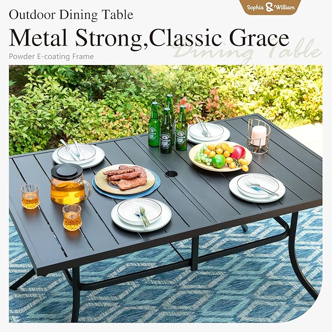 Sophia & William 7 Pcs Patio Furniture Set, Metal Patio Outdoor Dining Set for 6 People, Rectangular Patio Table and Swivel Chairs, Conversation Bistro Set with 1.9?Umbrella Hole & Seat Cushions