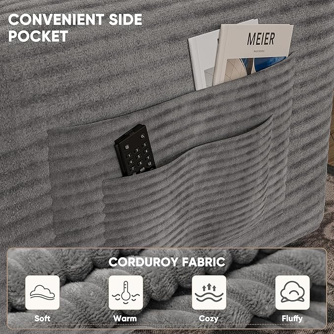 Homall 142" Boneless Couch, Modular Sectional Sofa, No Assembly Required, Memory Foam Filling, Corduroy U-Shaped Sofa, Movable Multi-Person Couch for Living Room (Grey)