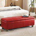 51" Faux Leather Storage Ottoman, Stitch Tufted Rectangle Upholstered End of Bed Storage Bench, Entryway Large Couch Ottoman with Wooden Legs,Red