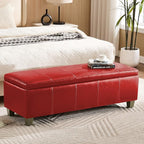 51" Faux Leather Storage Ottoman, Stitch Tufted Rectangle Upholstered End of Bed Storage Bench, Entryway Large Couch Ottoman with Wooden Legs,Red