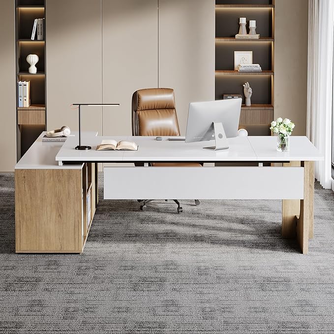 Tribesigns 74.8 Inch Executive Desk, Large Office Desk with Cabinet, L Shaped Computer Desk with Shelves and CPU Storage, Modern Home Office Desks Business Furniture Workstation Set, White and Wood