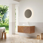 36 Inch Floating Bathroom Vanity with Vessel Sink, Fluted Modern Cabinet with 2 Doors, Glass Vessel Ceramic Sink & Sintered Stone Top, Oak