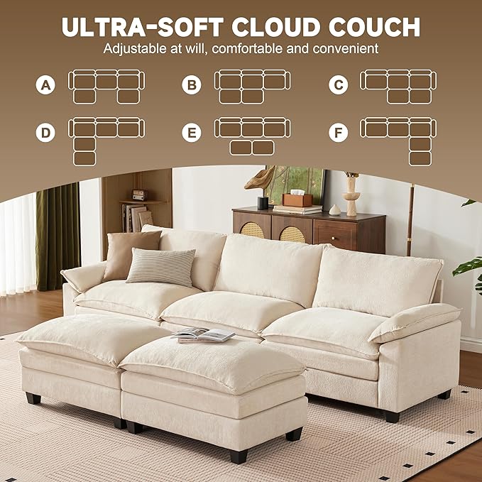 114 Inch Cloud Couch Sectionals with Ottoman, Big Comfy Modular Couches, Cloud Sofas, L Shaped 5 Seat Modular Sectional Sofa, Modern Sectional Couches for Living Room, Deep Seat Sofa, Beige