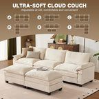 114 Inch Cloud Couch Sectionals with Ottoman, Big Comfy Modular Couches, Cloud Sofas, L Shaped 5 Seat Modular Sectional Sofa, Modern Sectional Couches for Living Room, Deep Seat Sofa, Beige