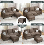 JY QAQA Convertible Sectional Sofa Couch with 3-Seat Sofa, L-Shaped Ottoman Couch with Modern Linen Fabric for Small Living Room, Apartment and Small Space(Brown)