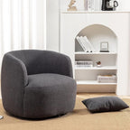 KINWELL 34" Wide Boucle Swivel Barrel Chair, No Assembly Round Upholstered Armchair Accent Chair Single Sofa Chair with Toss Pillow for Living Room and Bedroom, Dark Grey