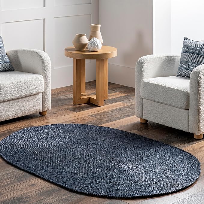 nuLOOM Oval 3x5 Rigo Jute Hand Woven Area Rug, Navy, Solid Farmhouse Design, Natural Fiber, For Bedroom, Living Room, Dining Room, Hallway, Office, Kitchen, Entryway