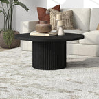 Henn&Hart 32" Fluted Round Wood Pedestal Low-Profile Coffee Table for Living Room, Family Room, Office, or Apartment, Black Grain