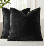 decorUhome Chenille Soft Throw Pillow Covers 16x16 Set of 2, Farmhouse Velvet Neutral Decorative Euro Pillow Covers with Stitched Edge for Couch Sofa Bed Home Decor, Black