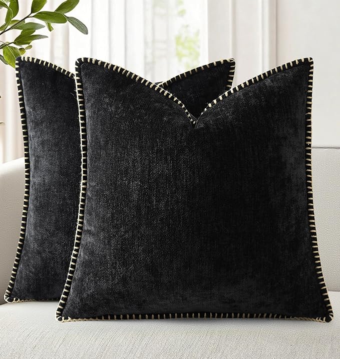 decorUhome Chenille Soft Throw Pillow Covers 18x18 Set of 2, Farmhouse Velvet Neutral Decorative Euro Pillow Covers with Stitched Edge for Couch Sofa Bed Home Decor, Black