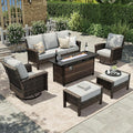 HERA'S HOUSE Grey Patio Furniture Set, High Back Wicker Sofa, Swivel Chairs with 5.5" Thick Cushions, 6-Piece Outdoor Seating Conversation Sets with Fire Pit Table & Ottomans for Deck Yard Garden