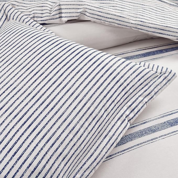 Lush Decor Farmhouse Stripe Reversible Cotton Comforter Set, 2-Piece, Twin XL Navy - Twin Bedding Set - Dorm Decor - Striped Comforter for Farmhouse Bedroom Decor