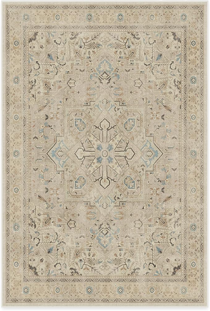 RUGGABLE Washable Vintage Area Rug – Kamran Ivory Opal 6x9, Stain-Resistant, Non-Slip – Medium Machine Washable Rugs for Living Room, Bedroom, Hallway, Entryway & Office–with Standard Pad