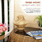 Alpine Corporation LAN420HH-BG-TM Hanging Woven Lantern with LED Candle and Timer, Boho Home Decor, 9" H, Beige