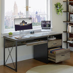 Bestier Office Desk with Drawers, 55 inch Industrial Computer Desk with Storage, Wood Teacher Desk with Keyboard Tray & File Drawer for Home Office, Dark Gray Oak