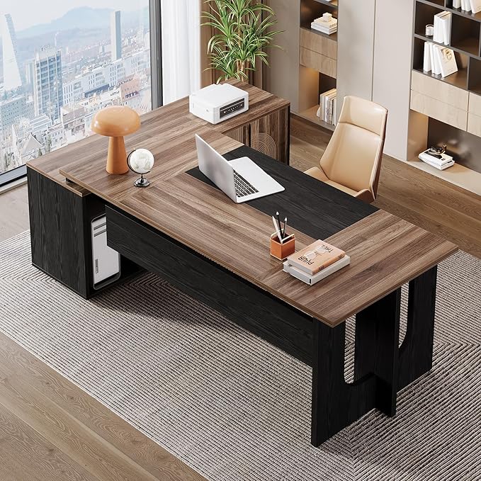 Tribesigns 74.8 Inch Executive Desk, Large Office Desk with Cabinet, L Shaped Computer Table with Shelves and CPU Storage, Modern Home Office Desks Business Furniture Workstation Set