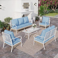 6 Piece Metal Outdoor Patio Furniture Set, Patio Conversation Sets 3-Seater Sofa, 2 Fixed Chair, 2 Swivel Chair with 5.75" Thick Cushion & Coffee Table White Backyard Furniture, Blue