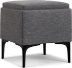 SIMPLIHOME Natasha 18 inch Wide Mid Century Square Mid Century Storage Ottoman with Tray in Slate Grey Polyester Linen, Assembled, For the Living Room, Entryway and Family Room