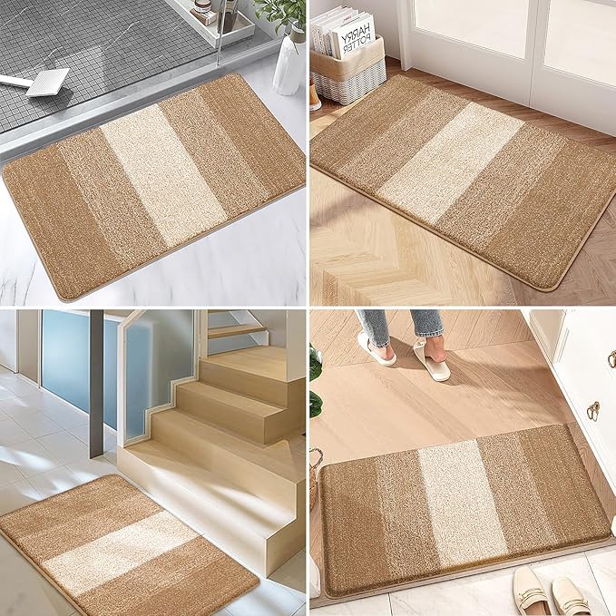 Kitinjoy Indoor Outdoor Door Mat, 30x17 Non-Slip Absorbent Dirt Trapper, Low-Profile Washable Inside Entrance Front Floor Mat, Sturdy Soft Entry Doormats for Entryway, Camel