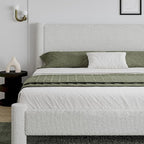 King Size Bed Frame, Boucle Upholstered Platform Bed with Headboard and Footboard, Soft Rounded Corners, No Box Spring Required, Easy Assembly, White