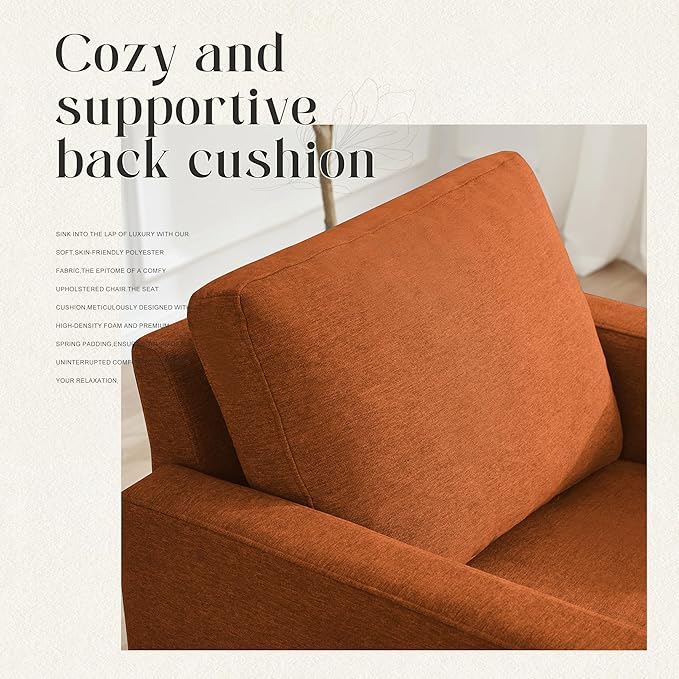 Mid-Century Accent Chair,Modern Linen Fabric Armchair for Living Room,Comfy Upholstered Reading Accent Chairs for Bedroom,Single Sofa Chair with Wood Legs (Orange, 2 Pack)