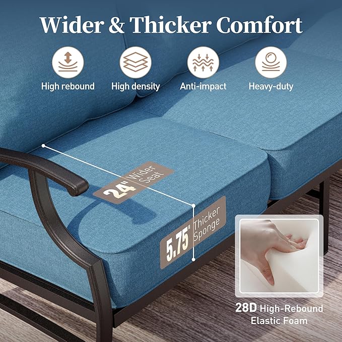 4 Piece Metal Outdoor Patio Furniture Set, Patio Conversation Sets 1 3-seater Sofa, 2 Swivel Chair with 5.75" Extra Thick Cushion and Coffee Table, Black Frame Backyard Furniture, Navy